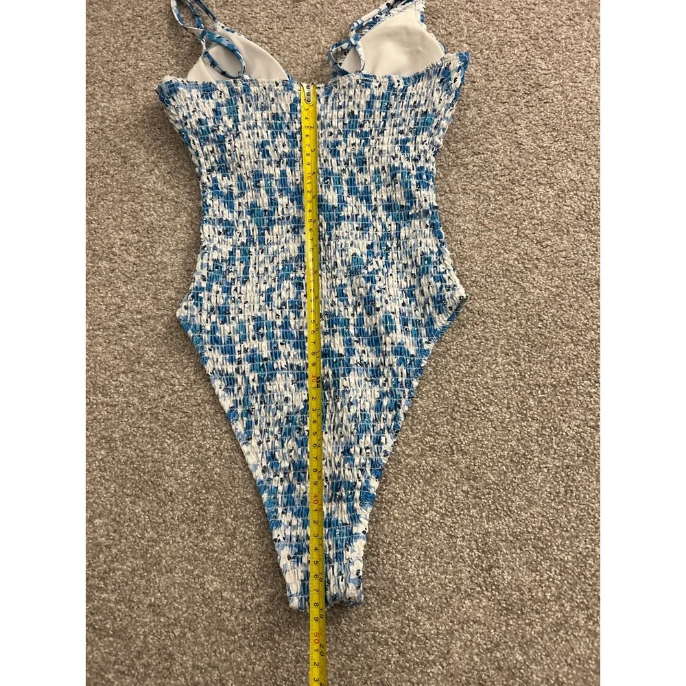 Vintage Smocked One Piece Swimsuit Womens Blue White Floral Excellent High Cut